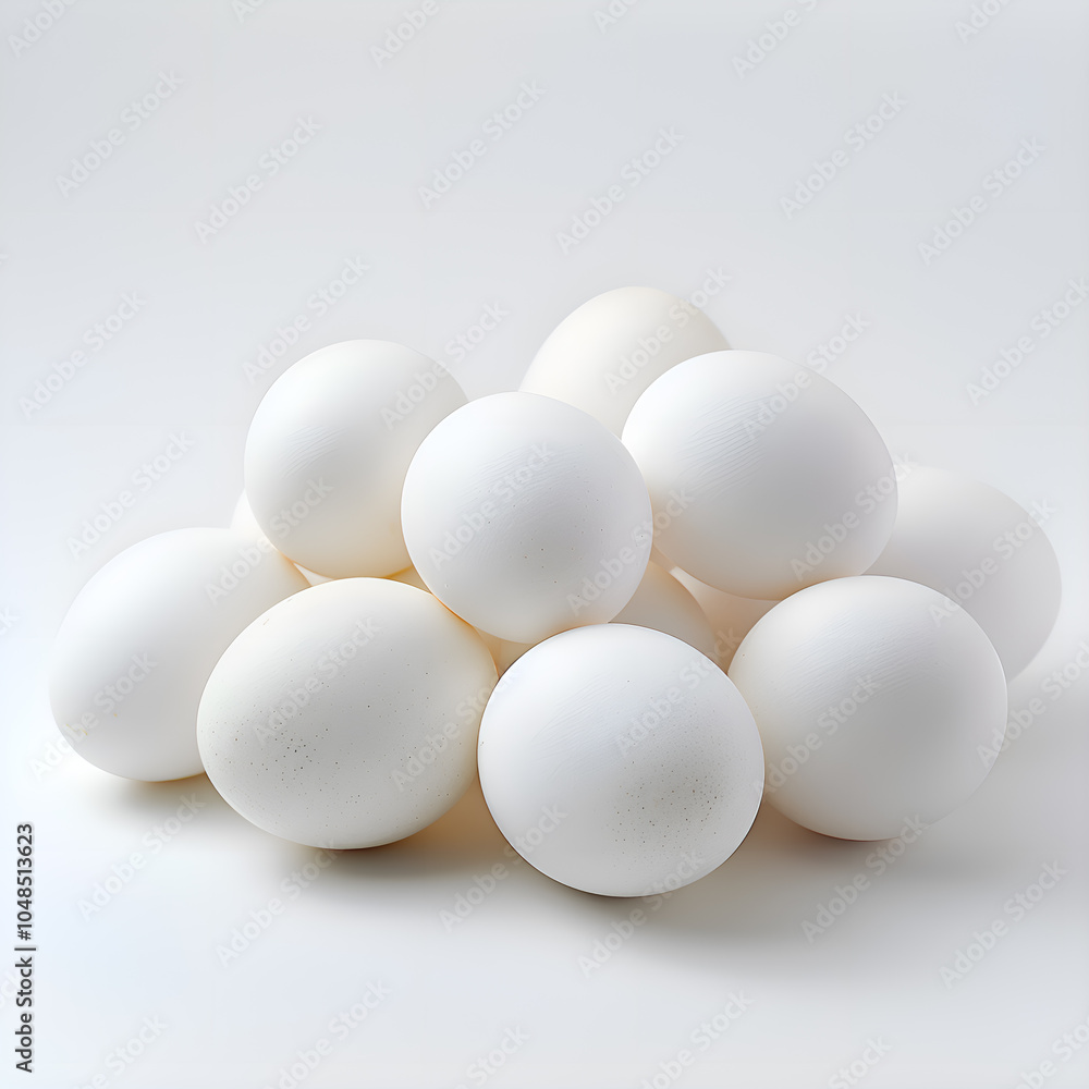 Front view of white fresh chicken eggs in a stack, isolated on a white background Front view of white fresh chicken eggs in a stack, isolated on a white background