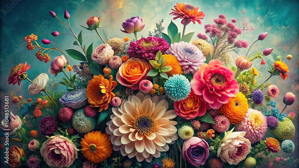 A whimsical and fantastical floral arrangement featuring oversized flowers in a mix of bright and muted colors, eclectic motifs, floral arrangement A whimsical and fantastical floral arrangement featuring oversized flowers in a mix of bright and muted colors, eclectic motifs, floral arrangement