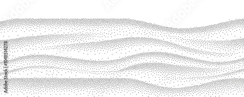 Abstract stippled winter snow valley, hills, mountains landscape. Black halftone dots particles wave pattern. Sand grain vector texture with speckles and granules isolated on transparent background