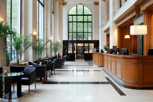 A spacious hotel lobby with a large reception desk, comfortable seating, and large windows.