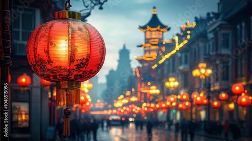 Brightly lit red lanterns hanging in rows along a busy street during the Chinese New Year festival, adding a festive glow to the cityscape at dusk.