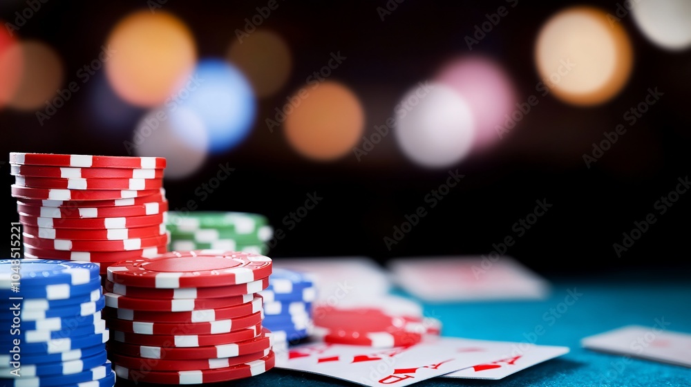 A stack of red, green, and blue poker chips with cards scattered on a green felt table, with a blurred background of twinkling lights. A stack of red, green, and blue poker chips with cards scattered on a green felt table, with a blurred background of twinkling lights.