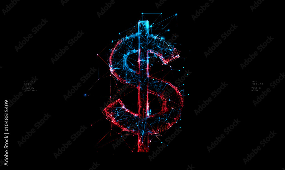 Obraz premium Digital dollar sign in low poly glowing red and blue wire frame design