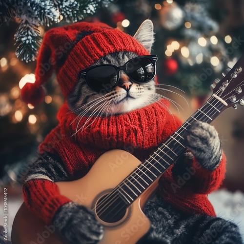 Cat in sunglasses playing guitar on Christmas event. Festive background, holiday wallpaper, Xmas eve funny poster, New Year Banner photo