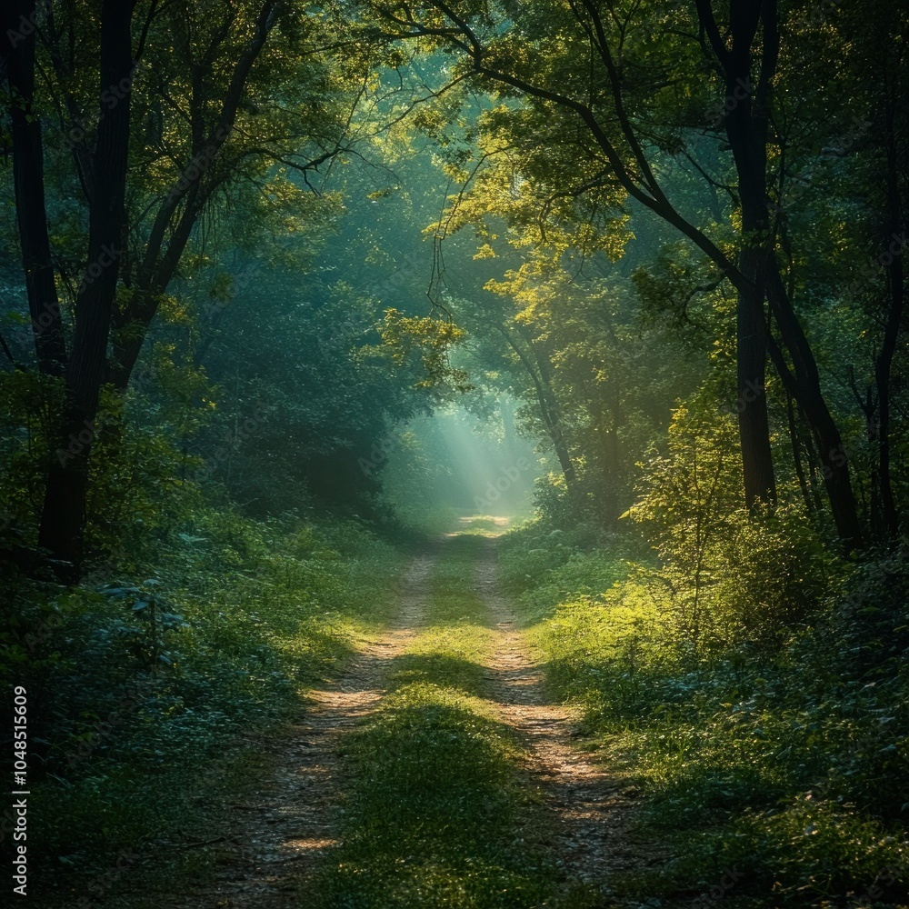 Fototapeta premium Sun beams through the forest trees