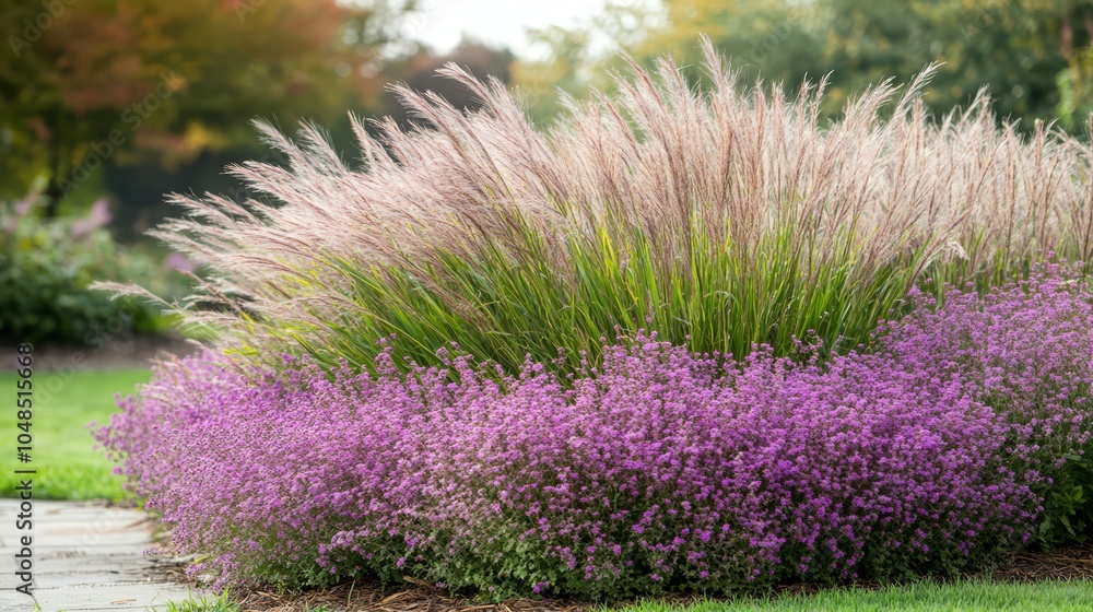 Obraz premium Lush Garden Landscape with Pink and Green Foliage