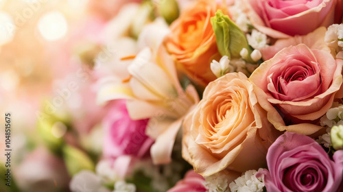 A close up shot of peach and pink roses with soft bokeh background. The image showcases the delicate beauty of these flowers  their vibrant colors  and soft texture