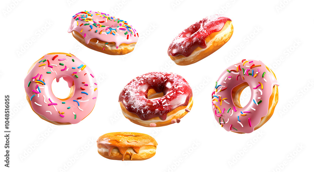 A set of donuts isolated on white. Different types of doughnuts: with chocolate, pink with stripes, with glaze and colored sprinkles A set of donuts isolated on white. Different types of doughnuts: with chocolate, pink with stripes, with glaze and colored sprinkles