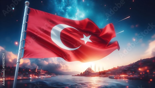 illustration of Turkish flag, on a blue sky, 29 Ekim, Turkey photo