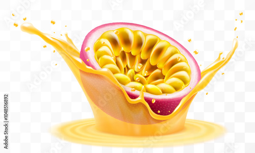 Exotic, tropical passion fruit falls in splash of juice or smoothie, splash of vitamin cocktail with drops, juice splash with ripe purple passion fruit. Realistic 3d vector illustration