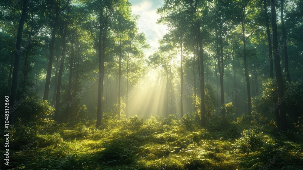 Fototapeta premium Sunlight streams through the canopy of a dense forest, illuminating the mist and creating a magical atmosphere.