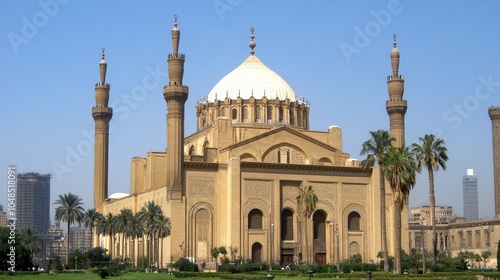 Wallpaper Mural Majestic Mosque with Minarets and Palm Trees Against Clear Sky Torontodigital.ca