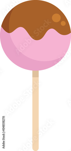 Round pink cake pop dipped in chocolate and standing upright on a wooden stick