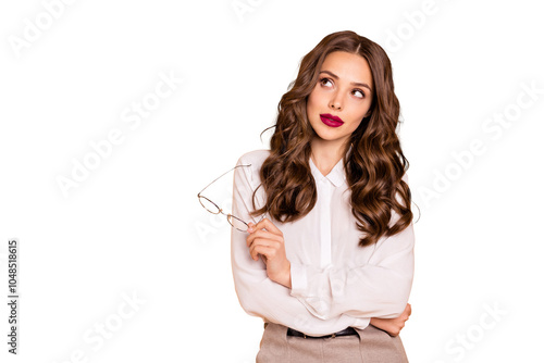 Portrait of her she nice-looking attractive lovely shine glamorous winsome professional skilled wavy-haired lady secretary assistant thinking isolated over beige pastel background photo