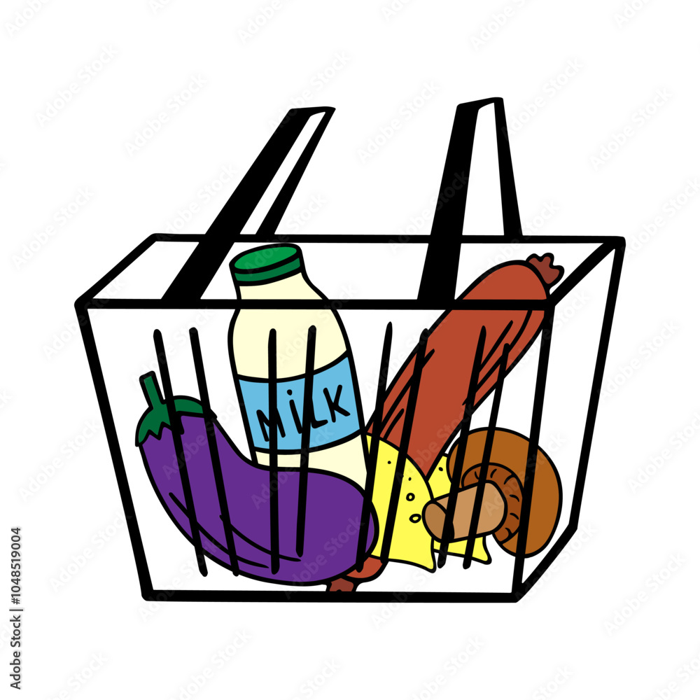 Grocery shopping basket with fresh natural food,simple market cart purchases.Healthy grocery flat design,store shopping.Isolated. Vector illustration. Grocery shopping basket with fresh natural food,simple market cart purchases.Healthy grocery flat design,store shopping.Isolated. Vector illustration.