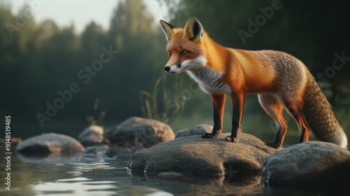 Beautiful red fox standing on a few stones over the water surface. Very focused on its prey. Pure natural wildlife photo. Ready to hunt. photo