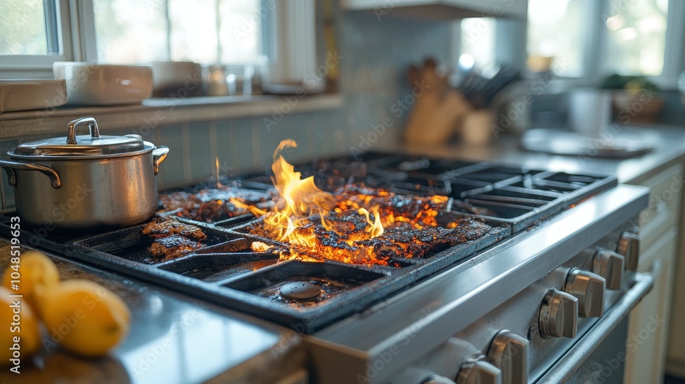 A kitchen counter with burnt and failed cooking attempts, conveying the challenges of culinary endeavors. A kitchen counter with burnt and failed cooking attempts, conveying the challenges of culinary endeavors.
