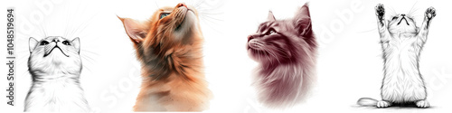 A collection of illustrations featuring four cats displaying unique fur coloration, intricate details, and varied poses, including a playful stretch and curious gazes upward isolated PNG photo