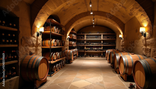 Ilustración de una bodega de vino con estantes de madera y piedra, barriles y botellas organizadas bajo luz tenue. photo