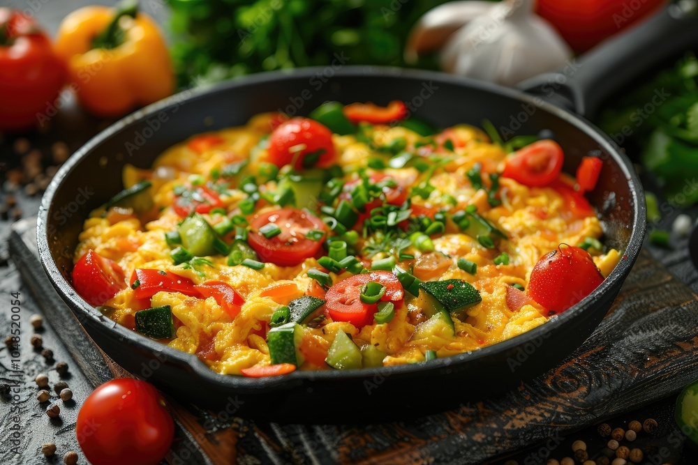 Shakshuka with ham and tomatoes in a pan, top view. Omelet with arugula on background of the table. Breakfast Shakshuka with ham and tomatoes in a pan, top view. Omelet with arugula on background of the table. Breakfast