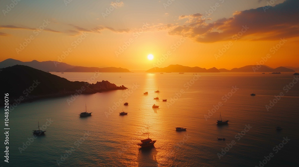 The setting sun shines on the sea, casting warm hues across its surface as boats float gently in the water. The sky is painted with vibrant orange and pink colors that blend seamlessly into each o The setting sun shines on the sea, casting warm hues across its surface as boats float gently in the water. The sky is painted with vibrant orange and pink colors that blend seamlessly into each o