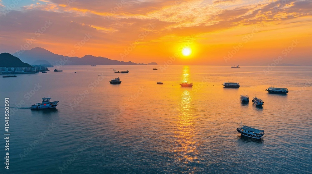 The setting sun shines on the sea, casting warm hues across its surface as boats float gently in the water. The sky is painted with vibrant orange and pink colors that blend seamlessly into each o The setting sun shines on the sea, casting warm hues across its surface as boats float gently in the water. The sky is painted with vibrant orange and pink colors that blend seamlessly into each o