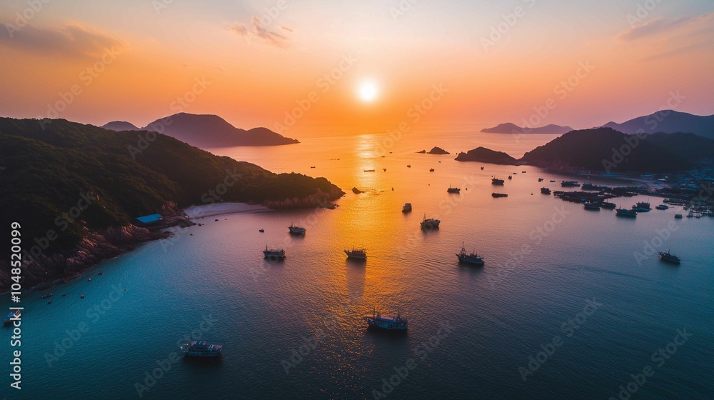 Naklejka premium The setting sun shines on the sea, casting warm hues across its surface as boats float gently in the water. The sky is painted with vibrant orange and pink colors that blend seamlessly into each o