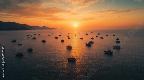 The setting sun shines on the sea, casting warm hues across its surface as boats float gently in the water. The sky is painted with vibrant orange and pink colors that blend seamlessly into each o photo