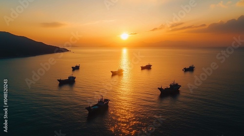 The setting sun shines on the sea, casting warm hues across its surface as boats float gently in the water. The sky is painted with vibrant orange and pink colors that blend seamlessly into each o