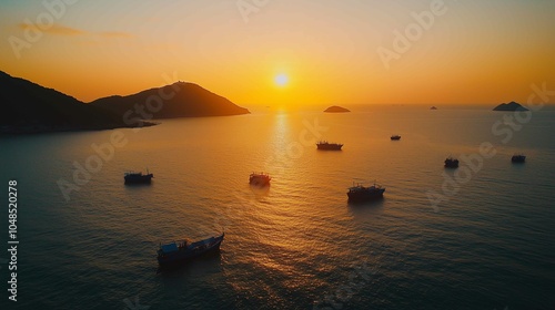 The setting sun shines on the sea, casting warm hues across its surface as boats float gently in the water. The sky is painted with vibrant orange and pink colors that blend seamlessly into each o