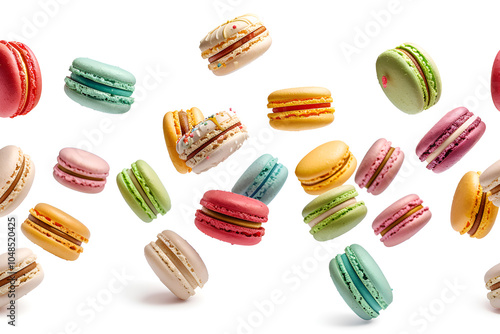 Wallpaper Mural Multicolored sweet brownie macarons or macaroons, flavored cookies floating in the air on a white background Torontodigital.ca
