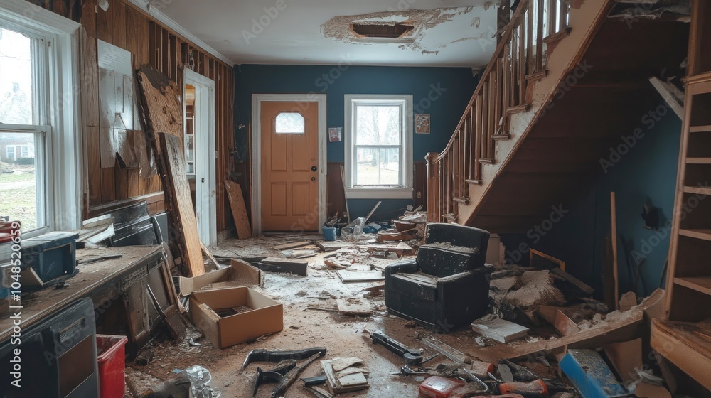 An abandoned home with unfinished renovations and broken tools, showcasing the result of a failed DIY home improvement project. An abandoned home with unfinished renovations and broken tools, showcasing the result of a failed DIY home improvement project.