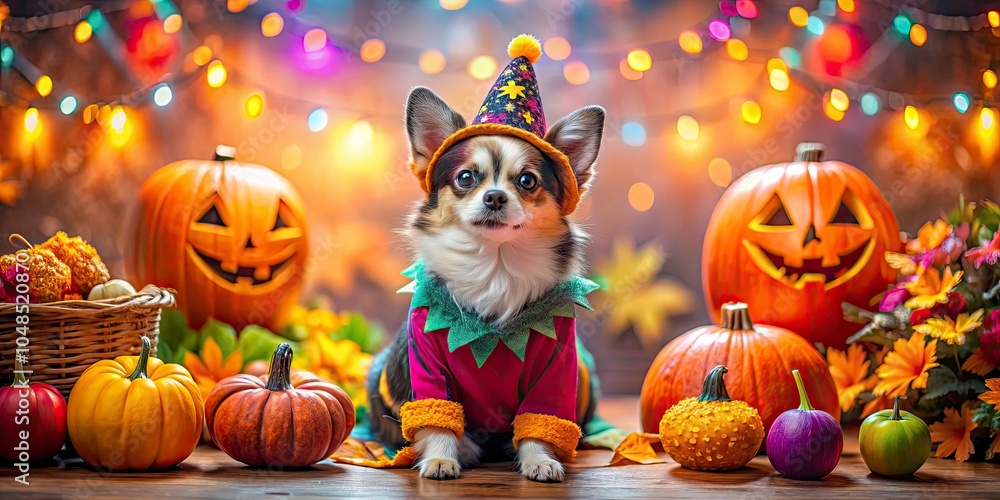 Naklejka premium Charming pet in Halloween attire captured with tilt-shift photography, bringing a whimsical and joyful essence to a delightful Halloween-themed background celebration.