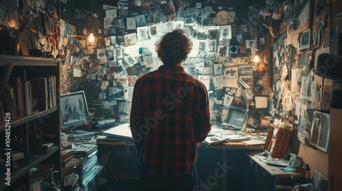 A person looking at a failed creative project with messy workspaces and discarded materials, illustrating the challenges of artistic pursuits.