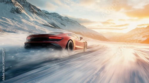 Red Sports Car Driving on Snowy Road at Sunset