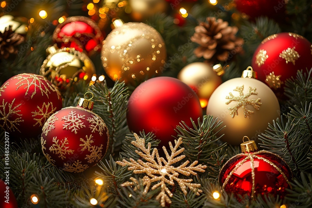 A festive arrangement of red and gold Christmas ornaments surrounded by pine branches and warm lights, evoking holiday cheer. A festive arrangement of red and gold Christmas ornaments surrounded by pine branches and warm lights, evoking holiday cheer.