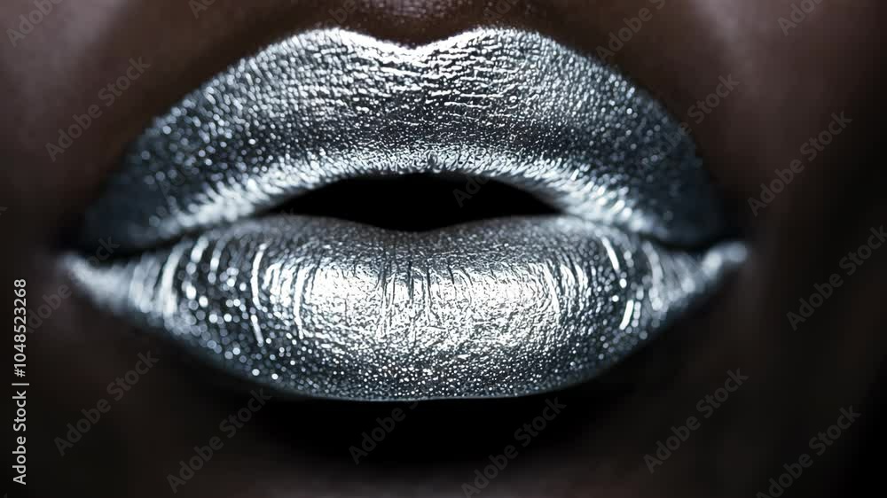 A close-up of a person's lips with silver lipstick, showcasing the shiny, metallic finish A close-up of a person's lips with silver lipstick, showcasing the shiny, metallic finish