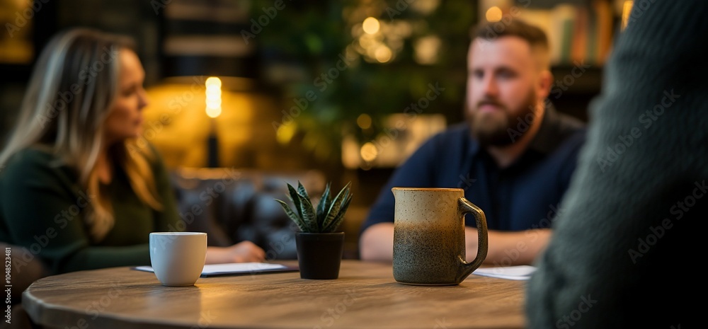Close up of a wooden table in a cafe with two people out of focus in the background, a white cup, a small plant, and a brown ceramic pitcher. Close up of a wooden table in a cafe with two people out of focus in the background, a white cup, a small plant, and a brown ceramic pitcher.