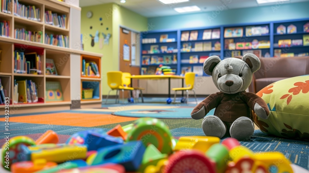 Fototapeta premium A dedicated childrens play area is filled with colorful toys and books providing a fun and safe space for young patients to wait.