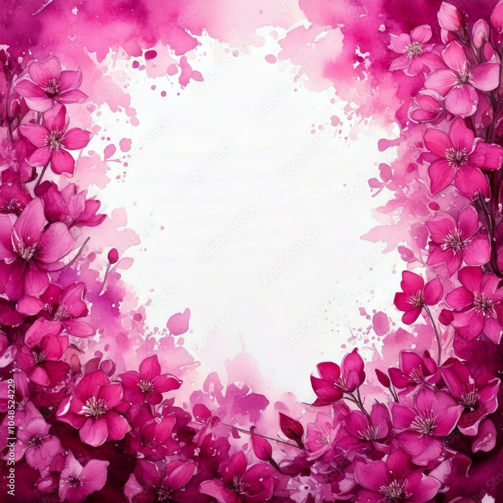 watercolor background with magenta flowers with empty copy space in the middle watercolor background with magenta flowers with empty copy space in the middle