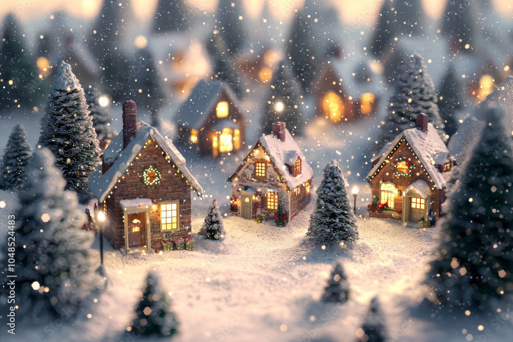 Fototapeta premium A charming winter village scene with snow-covered houses, twinkling lights, and evergreen trees, evoking a festive holiday atmosphere.
