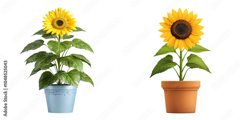 Obraz premium Vibrant sunflower plant in decorative pot arrangement, collection of decorations plant, clipart, isolated on transparent background.