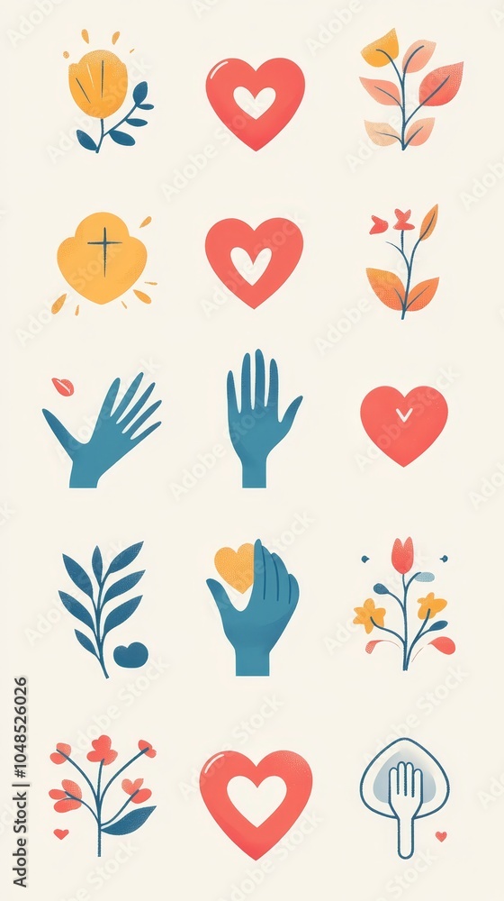 Obraz premium Colorful Hand-Drawn Floral and Heart Illustrations