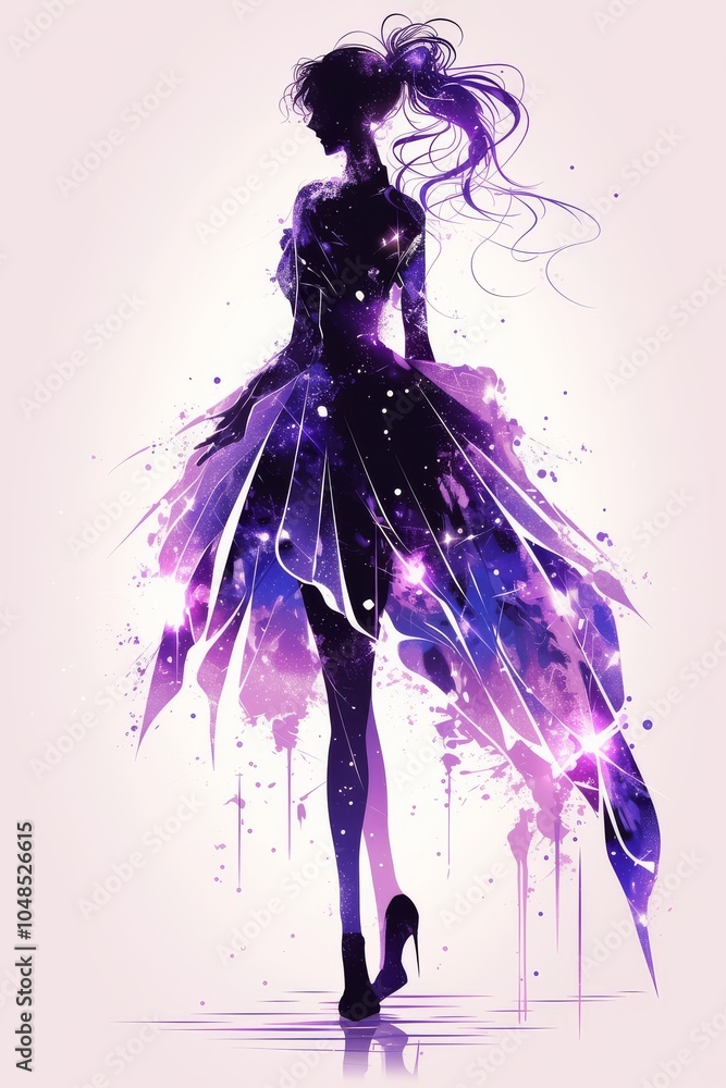 Fototapeta premium Elegant silhouette of a female figure in a cosmic dress, featuring vibrant purple and blue hues, exuding a dreamy atmosphere.