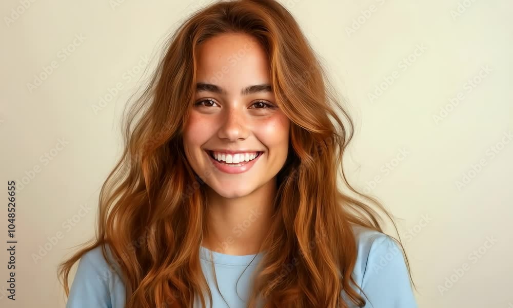 A joyful young woman with long, wavy hair smiles brightly against a soft background. Her natural beauty and warm expression create an inviting atmosphere. A joyful young woman with long, wavy hair smiles brightly against a soft background. Her natural beauty and warm expression create an inviting atmosphere.