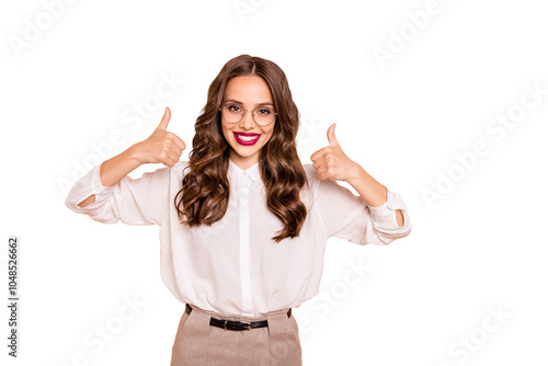 Portrait of her she nice-looking attractive winsome lovely shine gorgeous content glad cheerful cheery wavy-haired lady showing two thumbup ad advert isolated over beige pastel background photo