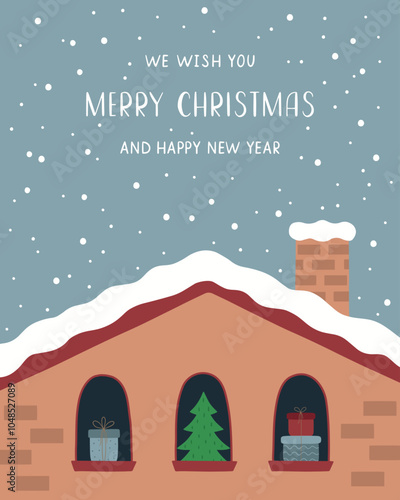 A hand-drawn Christmas card. Snow is falling on the roof of the house. Vector illustration