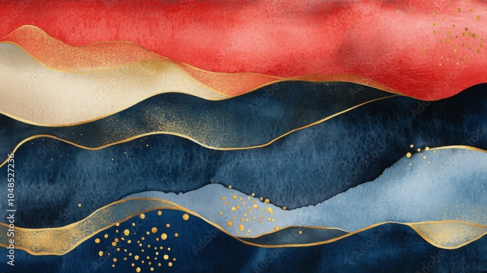 A captivating abstract artwork showcases a blend of rich red, blue, and black watercolors, intricately outlined with golden geometric shapes and dotted accents that add texture and depth. A captivating abstract artwork showcases a blend of rich red, blue, and black watercolors, intricately outlined with golden geometric shapes and dotted accents that add texture and depth.