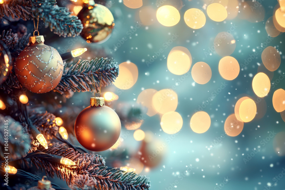 A festive Christmas tree adorned with ornaments and lights, set against a soft, snowy background. A festive Christmas tree adorned with ornaments and lights, set against a soft, snowy background.