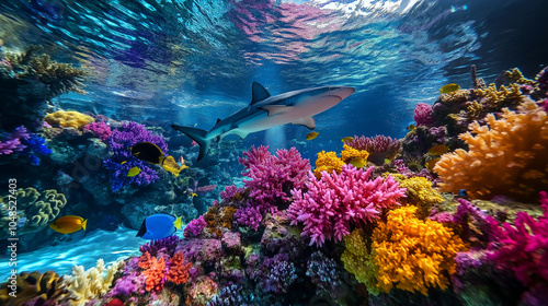 Fototapeta Naklejka Na Ścianę i Meble -  A reef shark glides silently among the coral heads of a vibrant underwater reef.